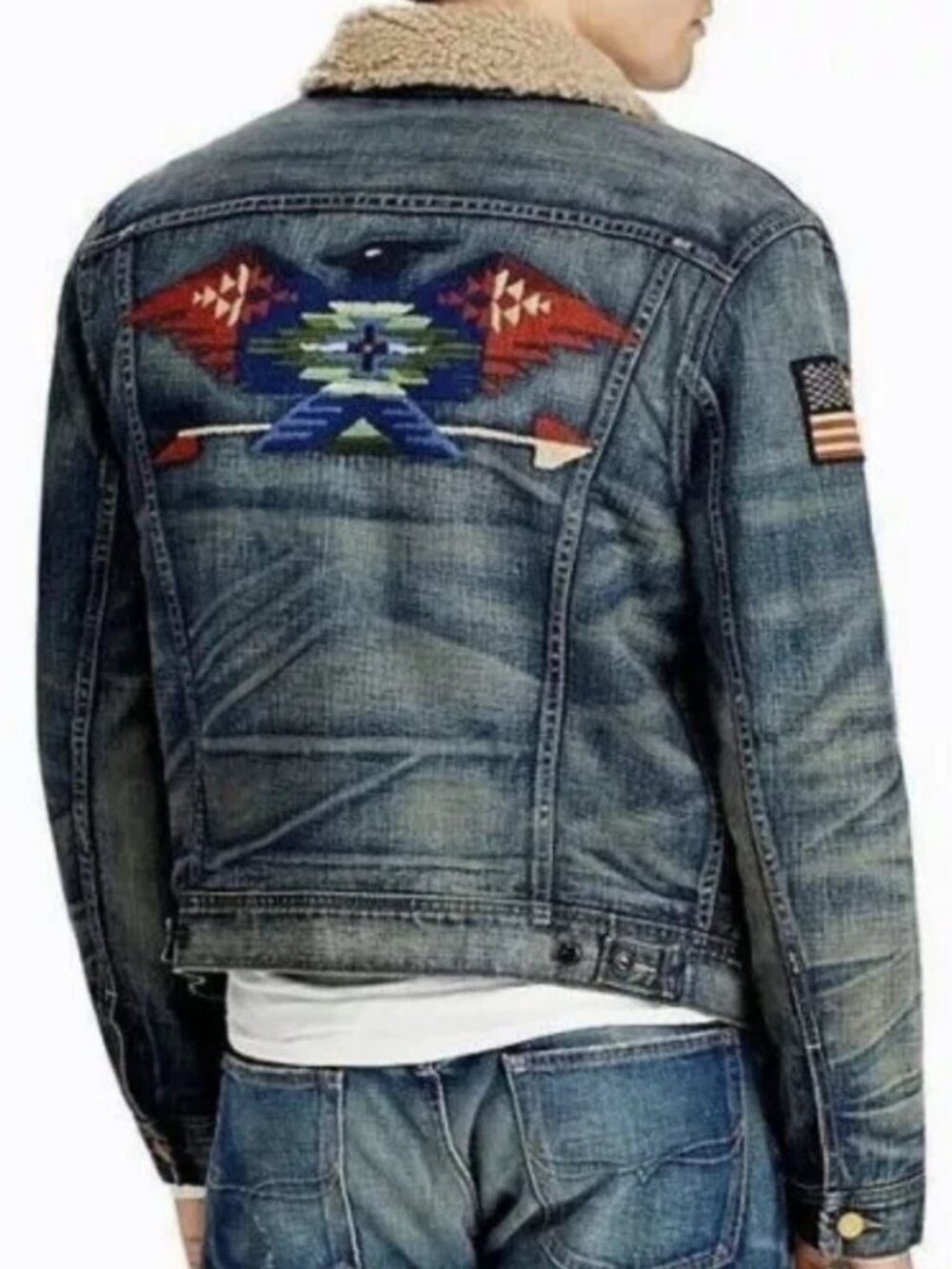 Polo Ralph Lauren Thunderbird Aztec Sherpa Shearling Denim Trucker Jacket M EUC